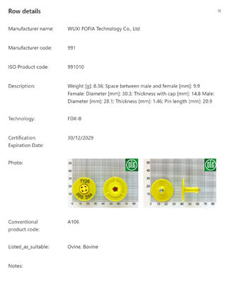 Tag auricolare RFID idrografico conforme ISO11784/5 FDX-B per animali da allevamento con tensione 350N