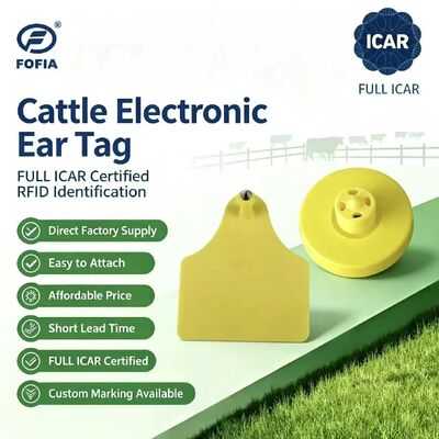 FOFIA Nuovo Full ICAR resistente all'acqua RFID TPU giallo etichette orecchie animali ET908+T905 EM4305 chip 5 anni di garanzia bovini 14,5 mm