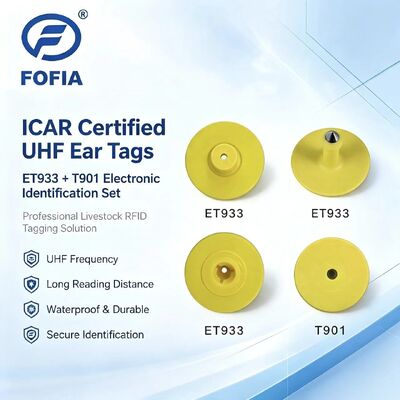 Nuove etichette auricolari elettroniche UHF impermeabili RFID in TPU da 5,7 mm gialle per animali ET933+T901 Chip Garanzia di 5 anni per uso bovino Fofia
