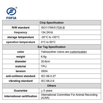 FOFIA Nuove Etichette Auricolari RFID TPU Gialle Resistenti all'Acqua ICAR LF ET908+T905 Chip per Allevamento Garanzia 5 Anni Bovini 14.5mm