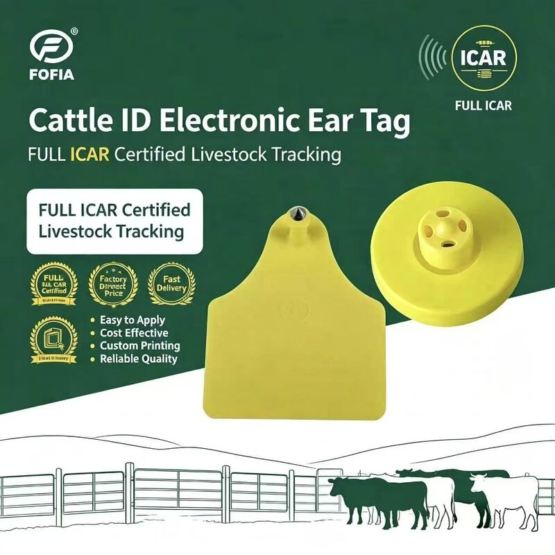 FOFIA Full ICAR LF Durable Waterproof RFID TPU Yellow Animal Ear Tags ET908+T905 EM4305 Chips 5 anni di garanzia Bovini 14,5 mm