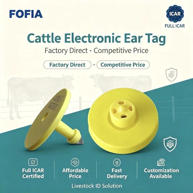 Nuovo ICAR completo impermeabile RFID TPU giallo etichette auricolari per animali 14,5 mm EM4305 chip 5 anni di garanzia Fofia Farm Use