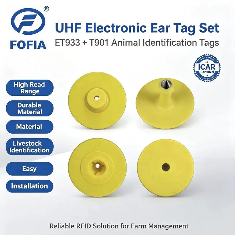 Nuovo UHF RFID elettronico impermeabile TPU 5,7 mm etichette d'orecchio giallo ET933+T901 chip 5 anni di garanzia Fofia uso bovino Made