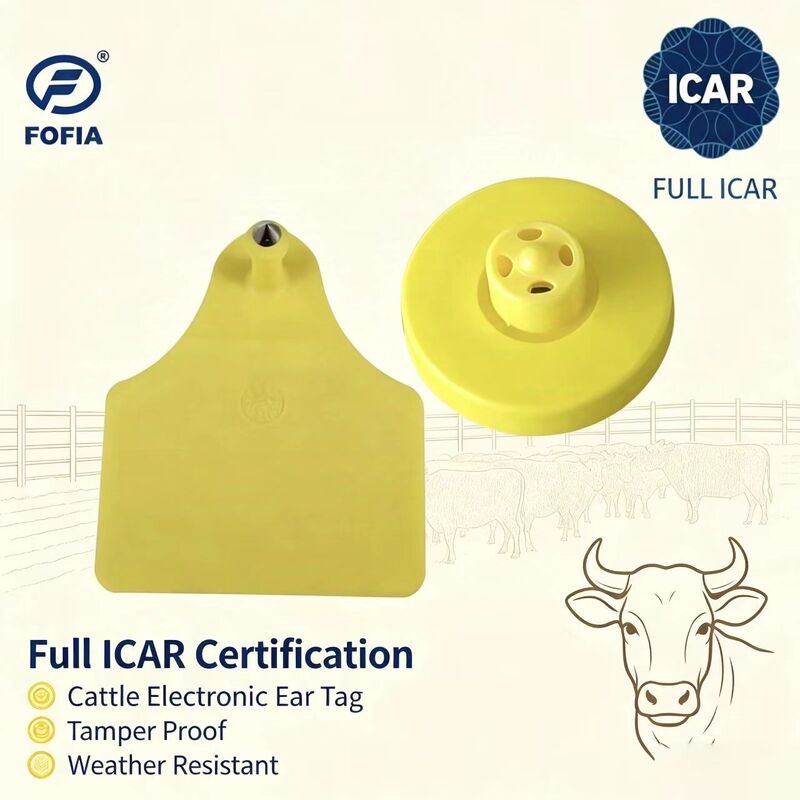 FOFIA Nuove Etichette Auricolari RFID TPU Gialle Resistenti all'Acqua ICAR LF ET908+T905 Chip per Allevamento Garanzia 5 Anni Bovini 14.5mm